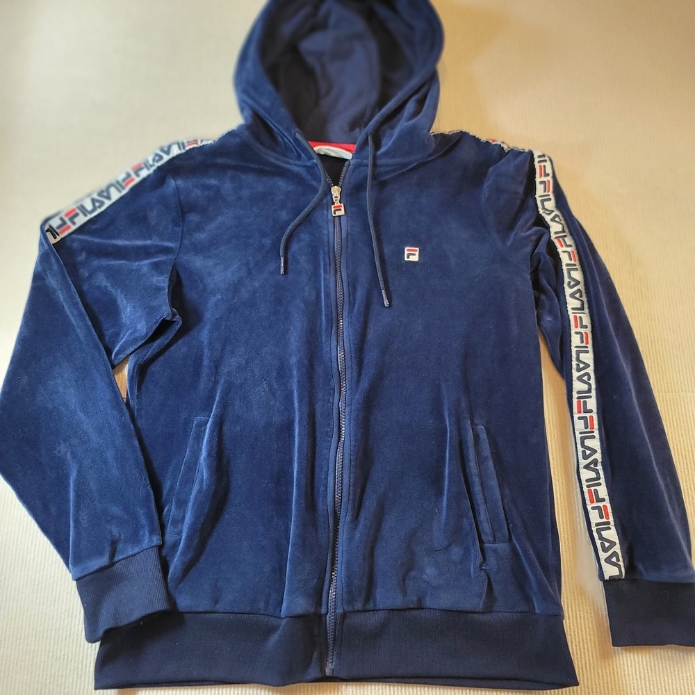 FILA Women Jacket XL Navy Blue Embroidered Logo Velour Track Zipper Blue